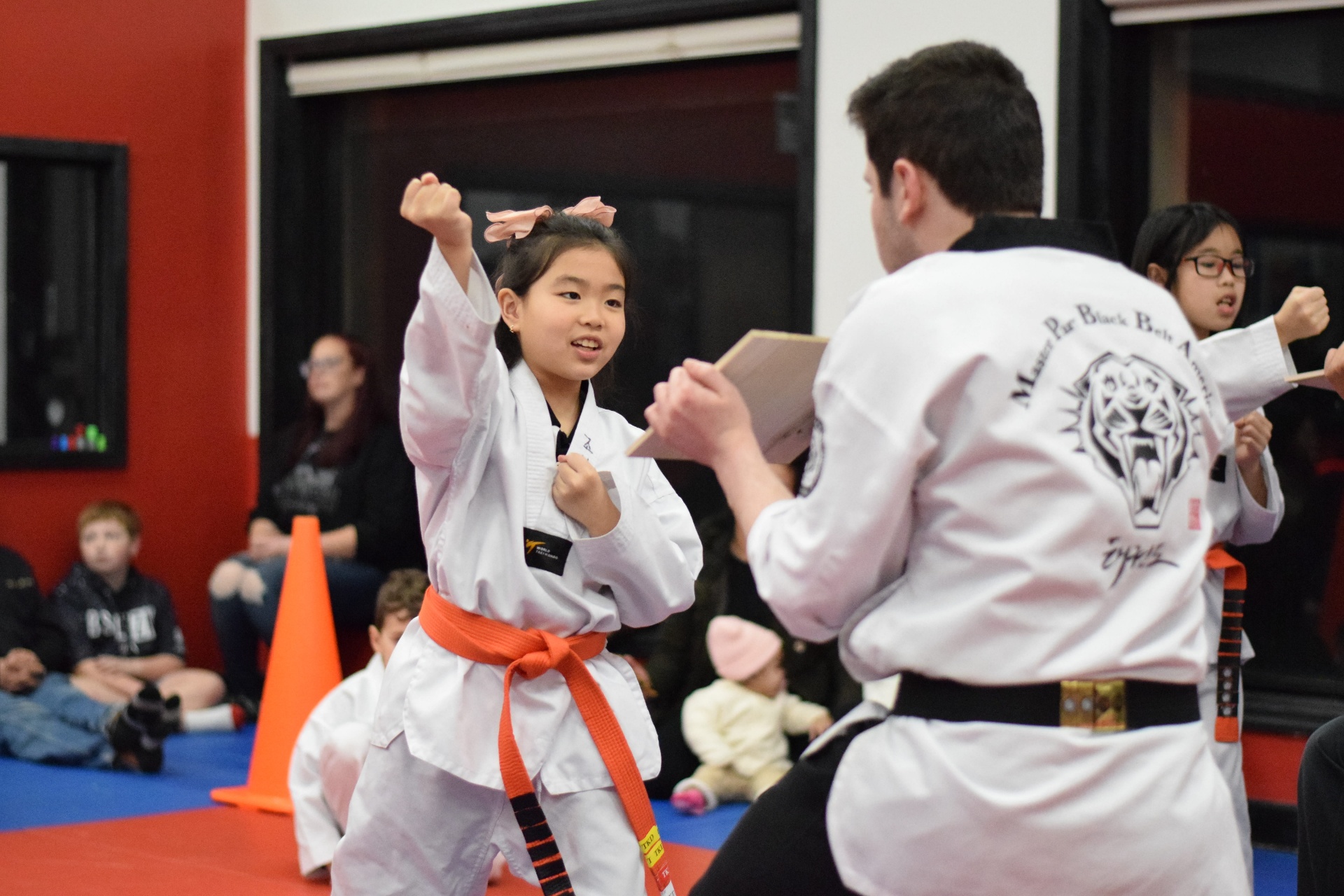 Student performing board breaking